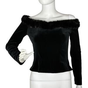 Y2K Velvet Top Corset Faux Fur Off Shoulder Back Zip Glam Goth Black Size S